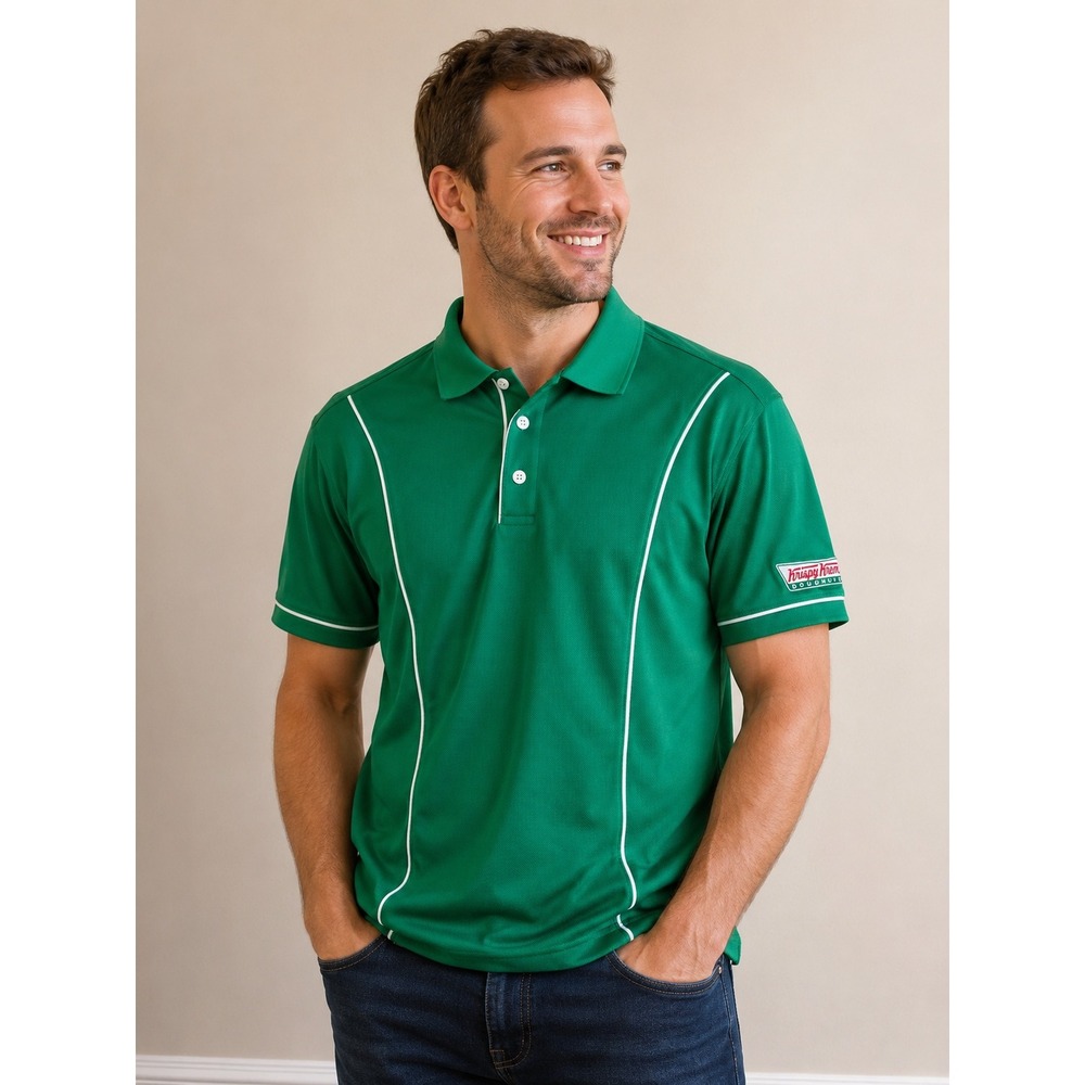 Krispy Kreme Polo Shirt Mens Medium Green Hydrovent Short Sleeve Uniform Logo